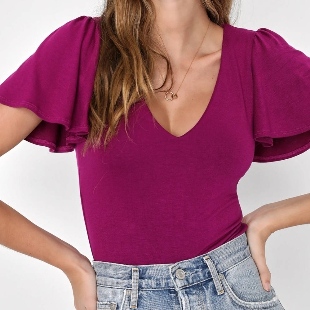 The Lulus Have You Crushin' Magenta Purple Flutter Sleeve Bodysuit in Women's L